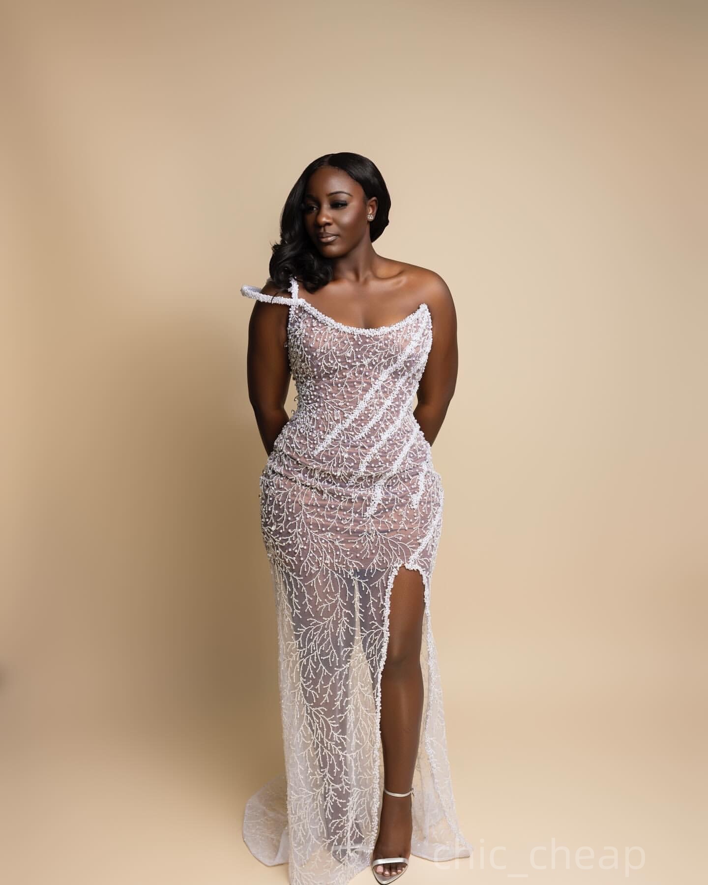 Ivory Sheath Prom Dresses 2025 One Shoulder Pearls Illusion Evening Formal Party Second Birthday Engagement Gowns Plus Size Dress For Special Occasion