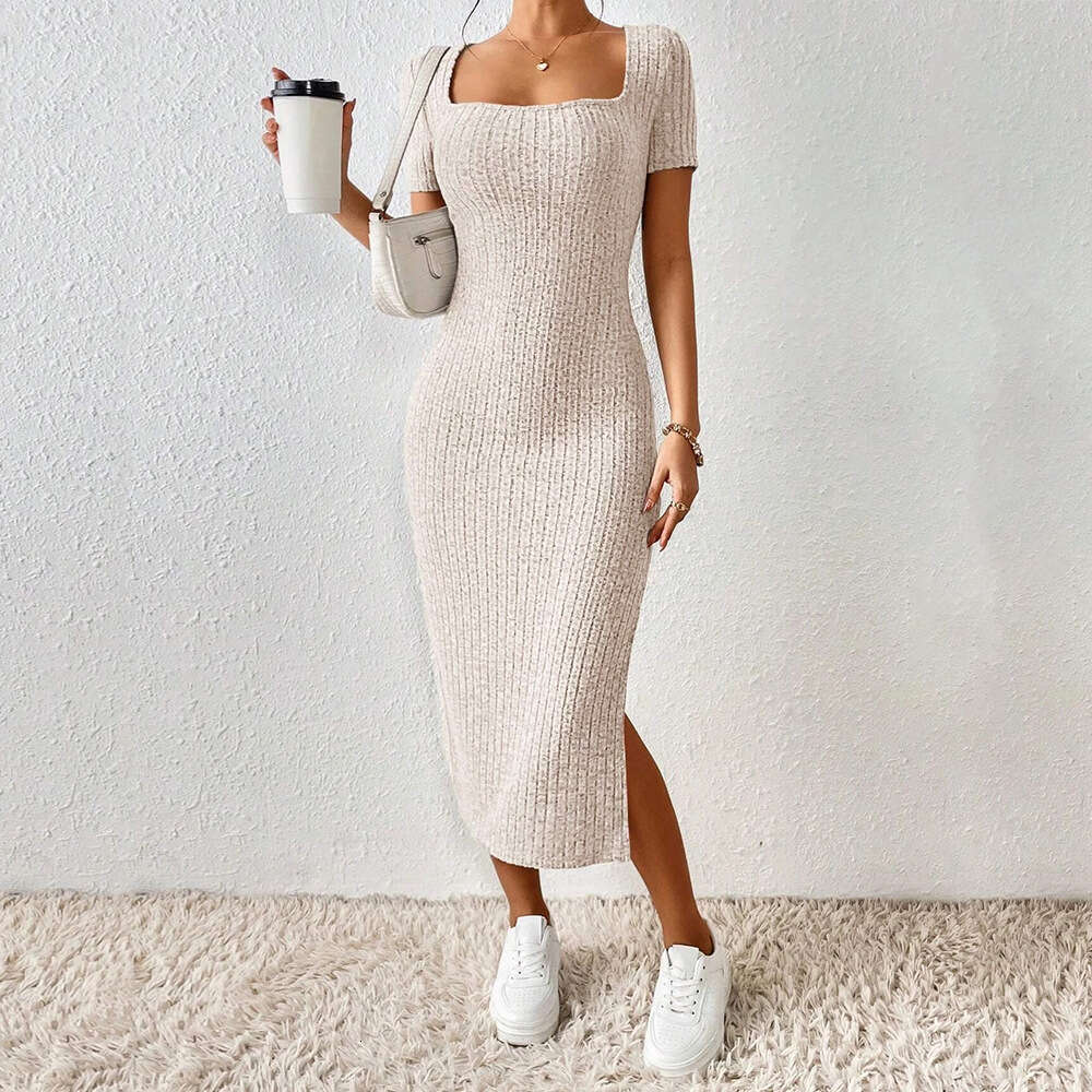Tight Cut Out Dresses New Slit Slim Fit Bodycon Short Sleeve Square Neck Knitted Dress For Women PG Sexy Dress
