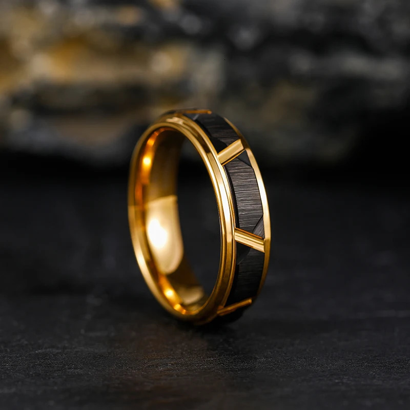 Tigrade 6mm/8mm Mens Tungsten Rings Groove Beveled Edge Pattern Brushed Black Gold Color Wedding Bands Engagement Ring 250603