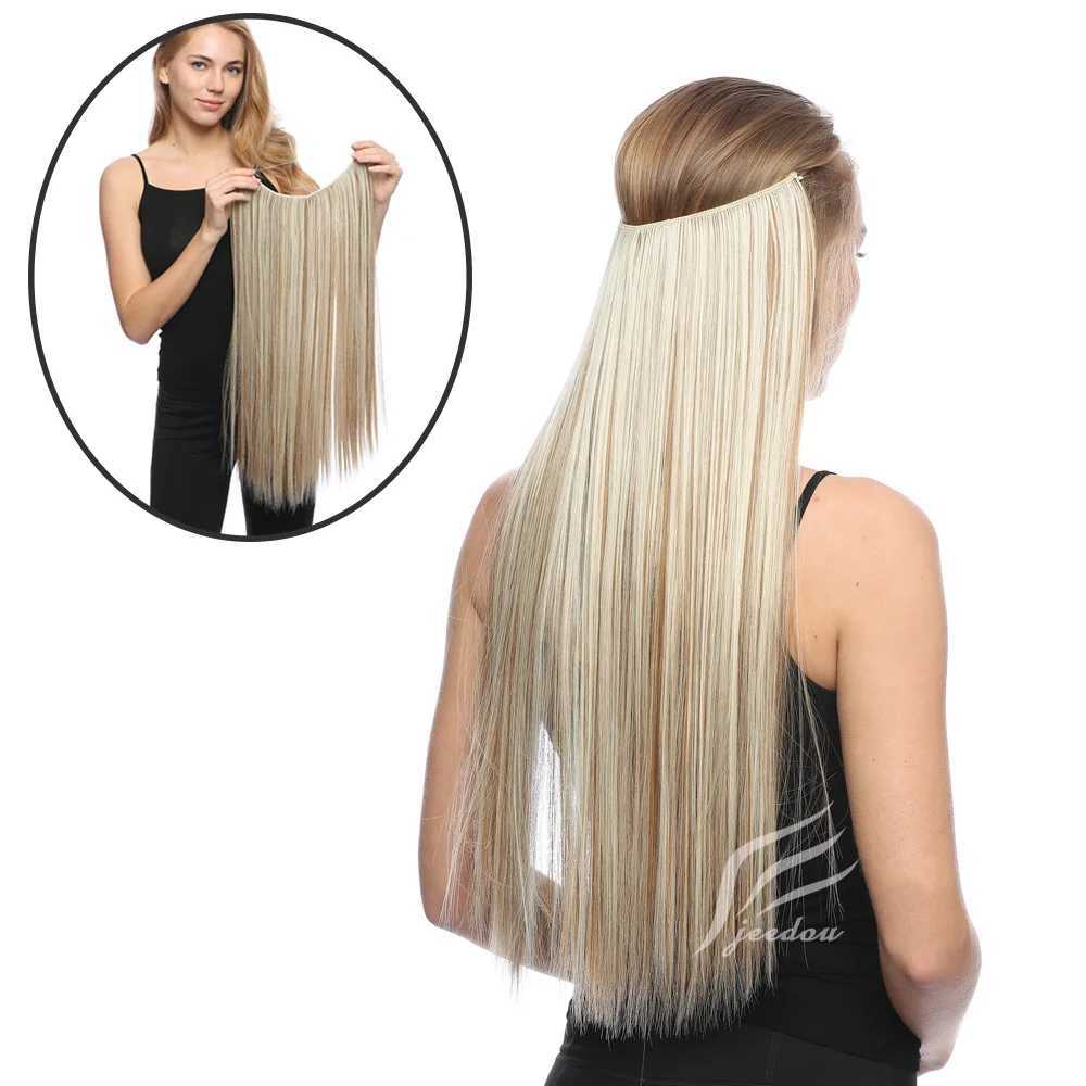 Synthetic One piece Hair Extensions No Clip No Glue Invisible 24inch Long Straight Wave Heat Resistant String Hairpiece S25526