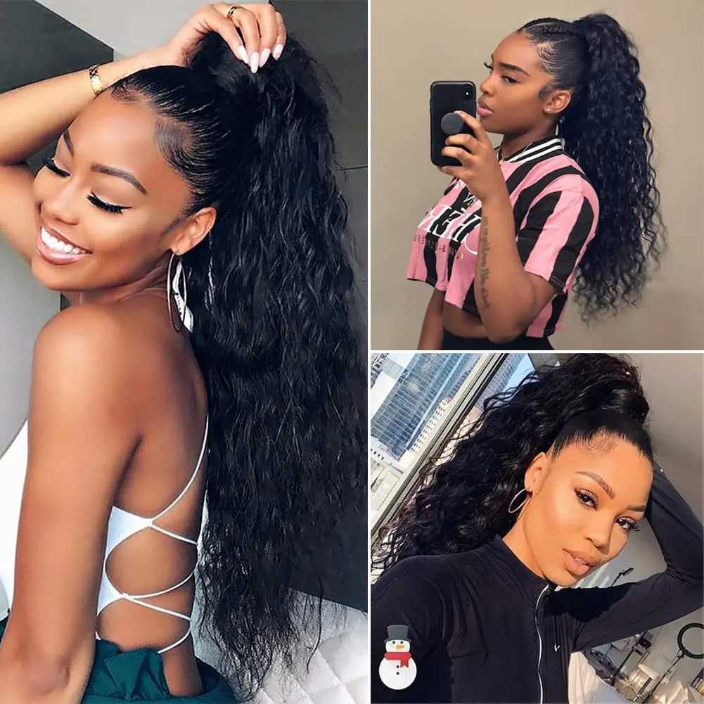 100% Human Hair Drawstring Ponytail Extension Water Wave Straight Kinky Curly Corn Wave Ponytail Clip in Ponytails Extensions S25526