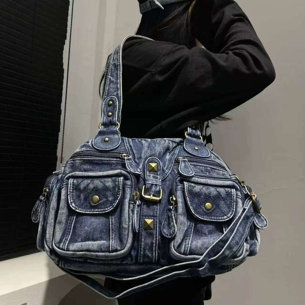 Women's Bags Designer Ladies' Fashion Y2k Spicy Girl Multi Pocket Handbag Large Capacity Retro Distressed Shoulder Bag
