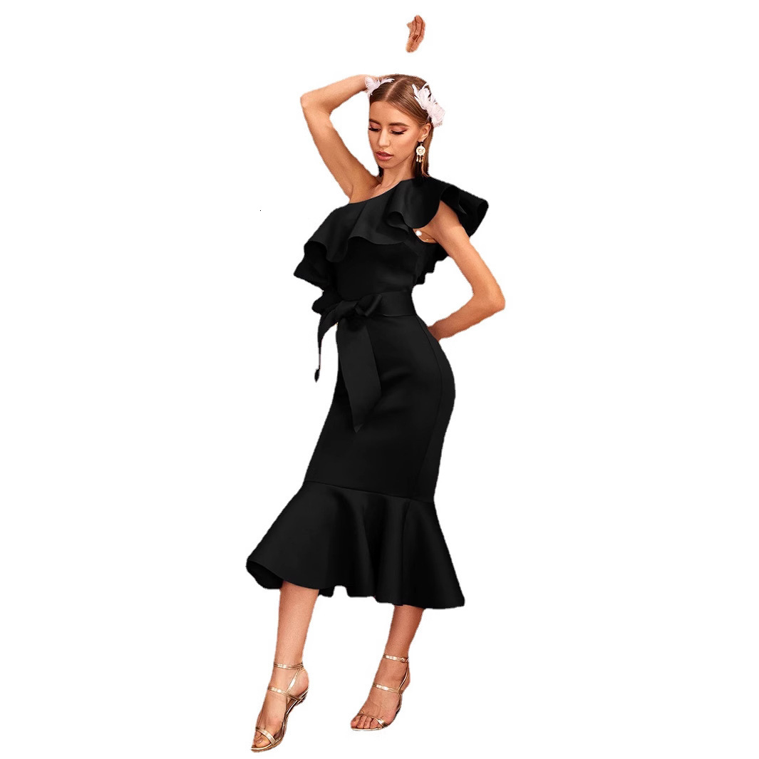 New banquet dress skirt slant shoulder temperament mid waist dress wedding bridesmaid dress