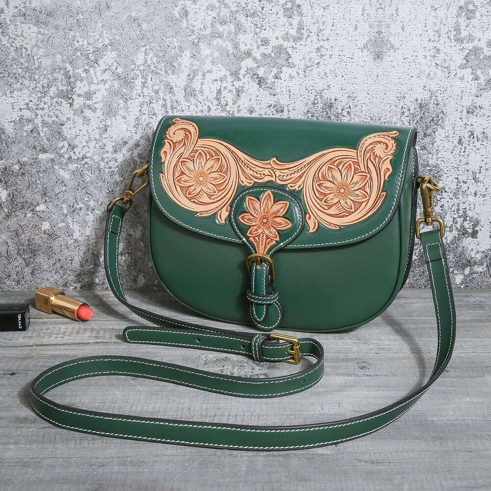 Designer Bag Genuine Handmade Leather Carving Single Shoulder Women S Ethnic Style New Crossbody Saddle Bag