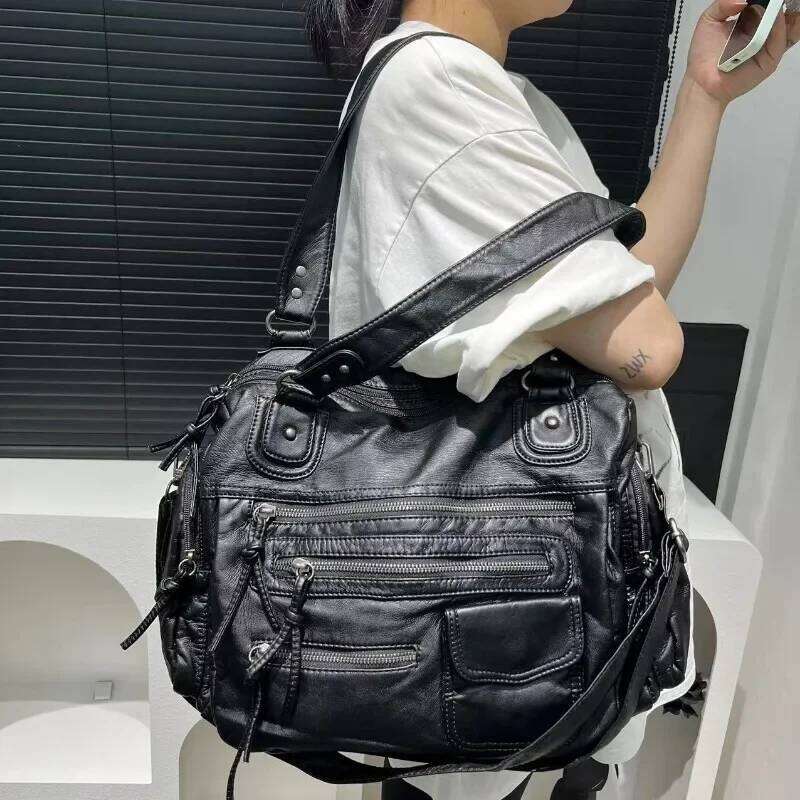 Women's Bags Designer Women's Fashion Y2k Hot Girl Motorcycle Bag Large Capacity Washed Distressed Shoulder Crossbody Handbag