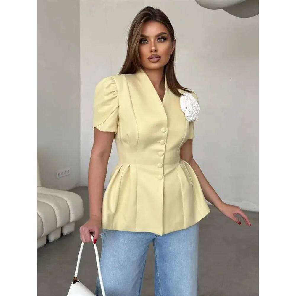 Elegant 3D Flower Women's Short Sleeve Top Coat Slim Stand Single-breasted Peplum Hem Jacket 2025 Summer New Commute Outerwear