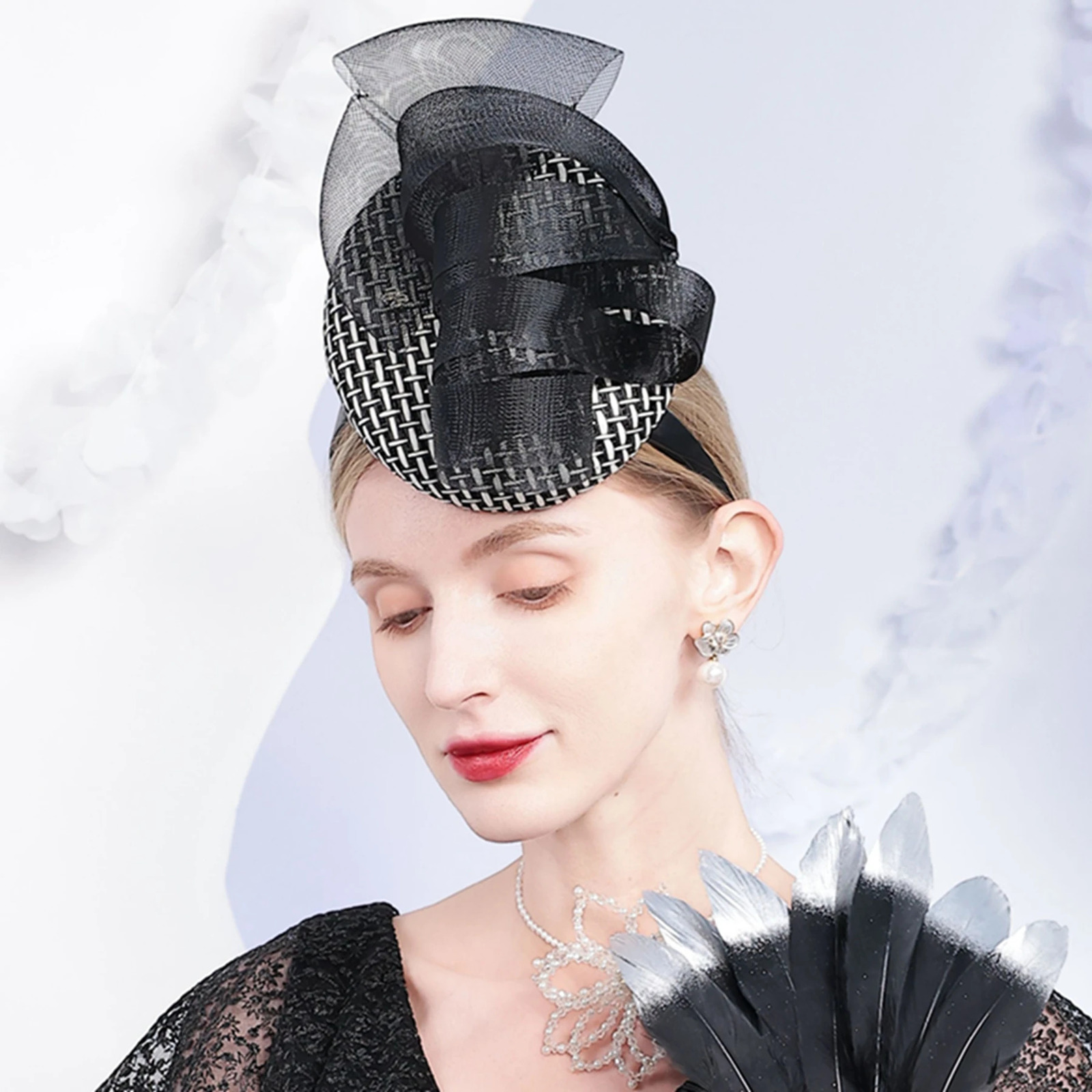 Womens Black White Mesh Fascinator Hat Headband for Church Wedding Tea Party Cocktail Bridal Hair Accessory 250520