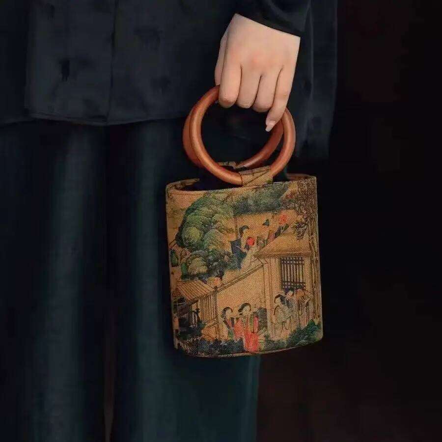 French Fragrant Cloud Gauze Wooden Handle Hand-held Retro Water Bucket Chinese Ancient Style Cheongsam Hanfu Matching Bag
