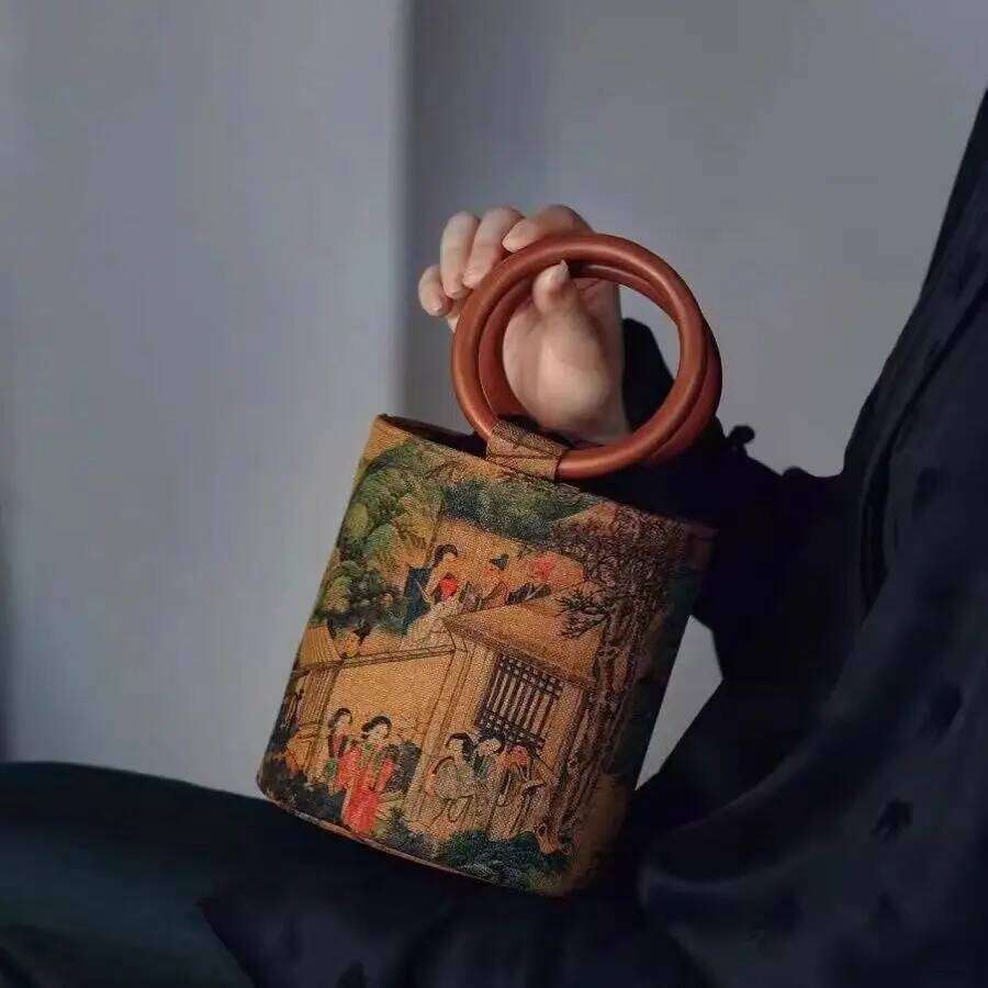 French Fragrant Cloud Gauze Wooden Handle Hand-held Retro Water Bucket Chinese Ancient Style Cheongsam Hanfu Matching Bag