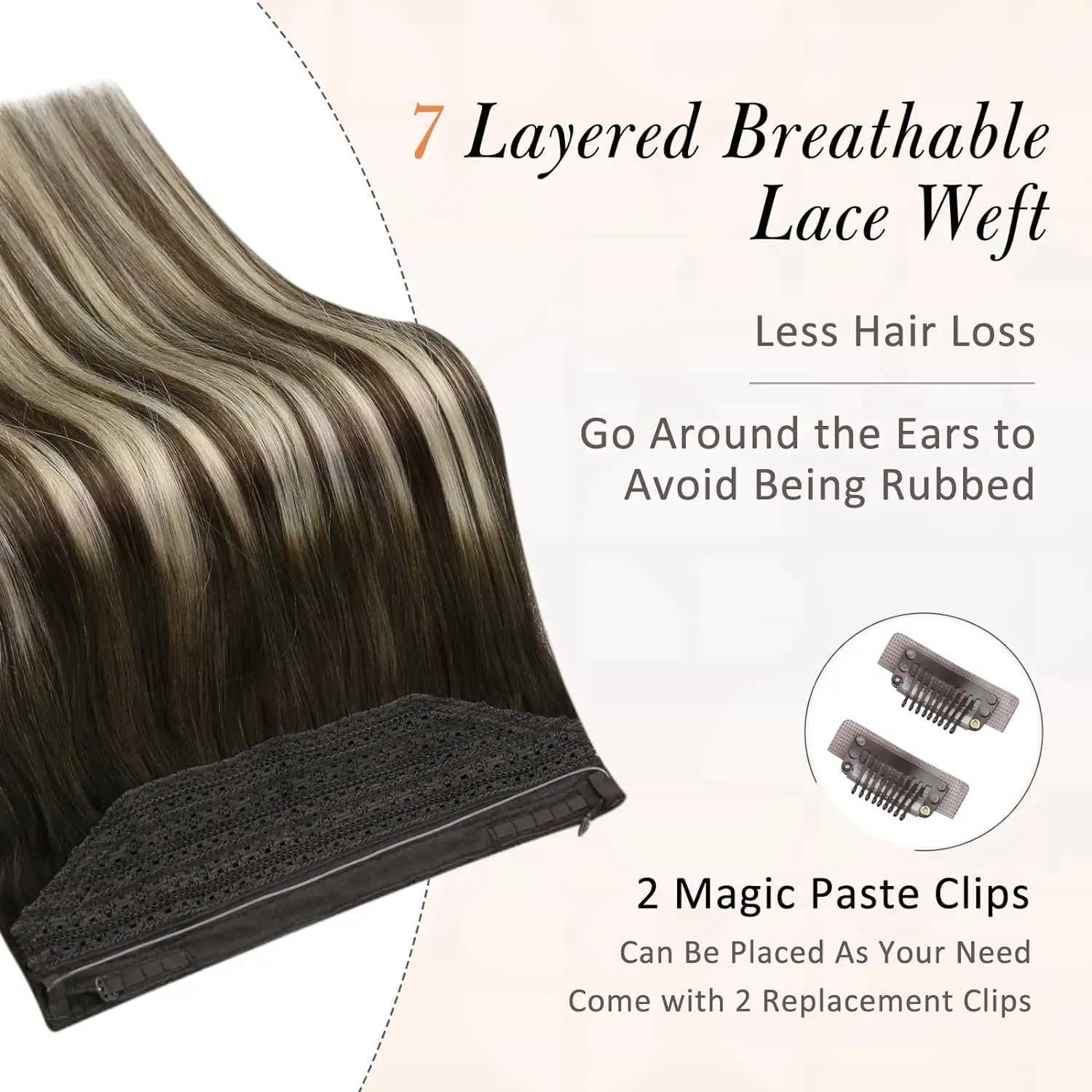 Full Shine Fish Line Human Hair Extension Wire Natural Hair OnePiece Invisible Wire Hair Weft with 2 Clip Machine Made Remy Hair S25526