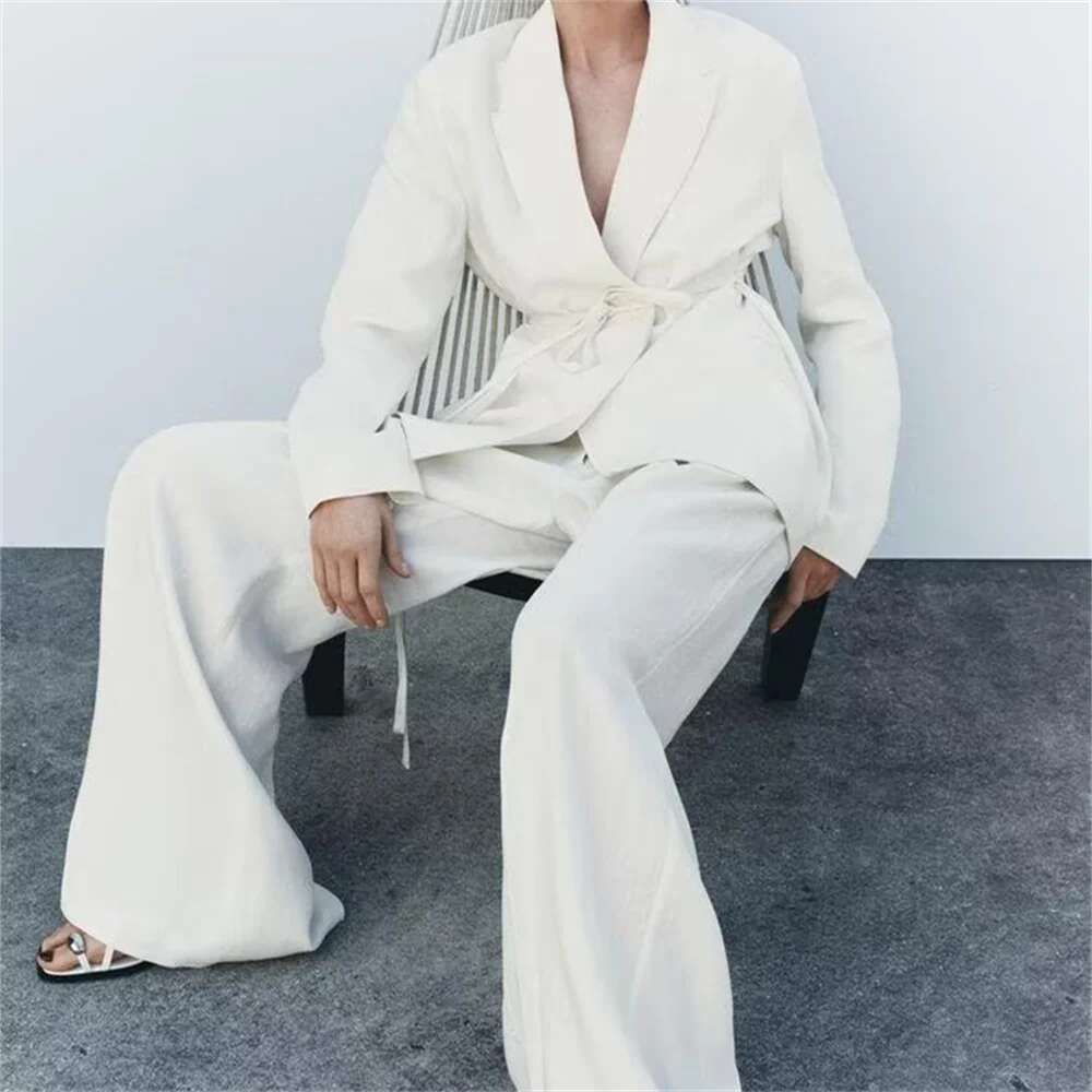 2025 New Women's Casual Elegant Design With European And American Retro Linen Blend Suit Jacket&Pants Set