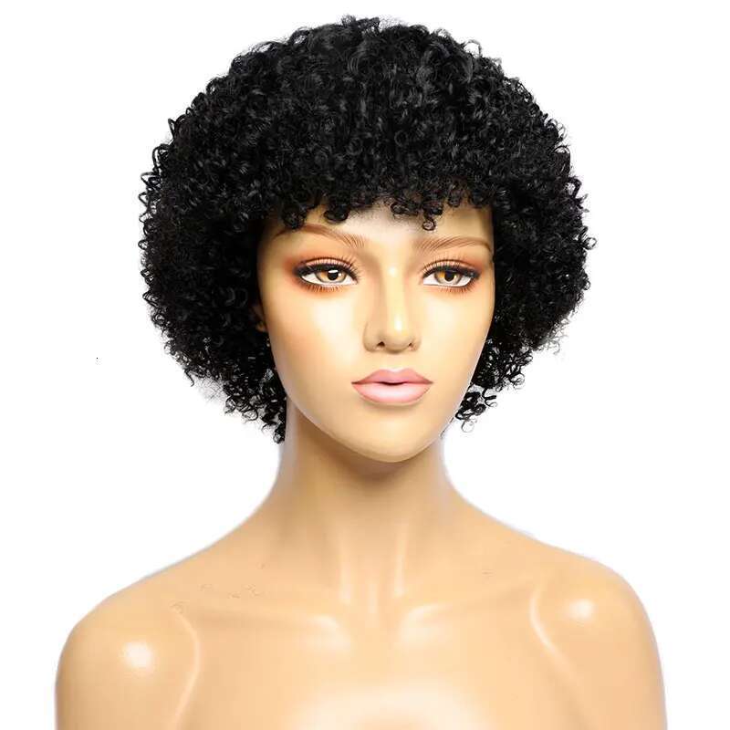 Pixie Cut Afro Kinky Wigs with Bangs Short Human Hair hine Made Curly Bob Wig