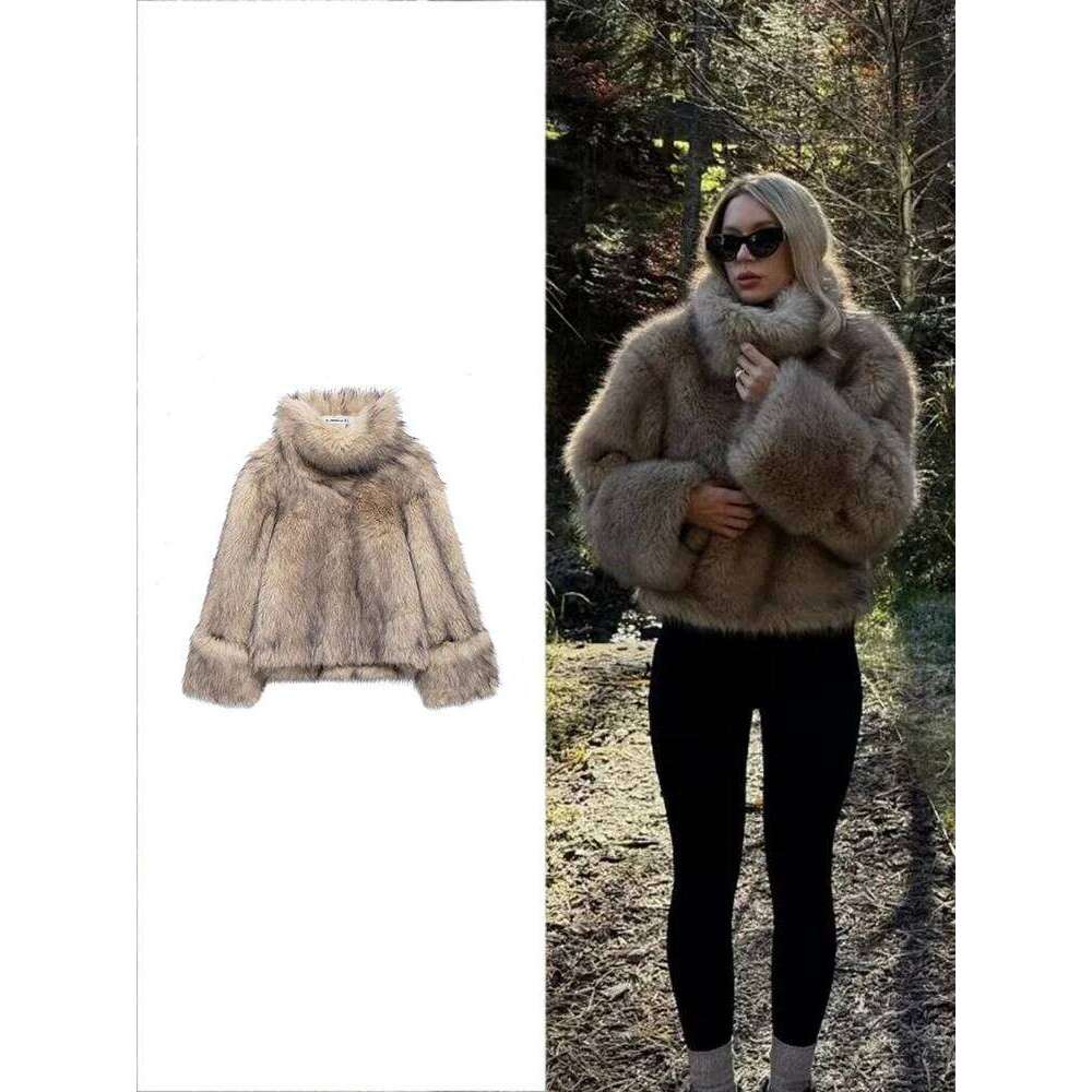 TRAF Women's Fashion Full Patchwork Sweatshirt High-collar Pullover Warm Hoodie Elegant Fluffy Faux Fox Fur Jacket