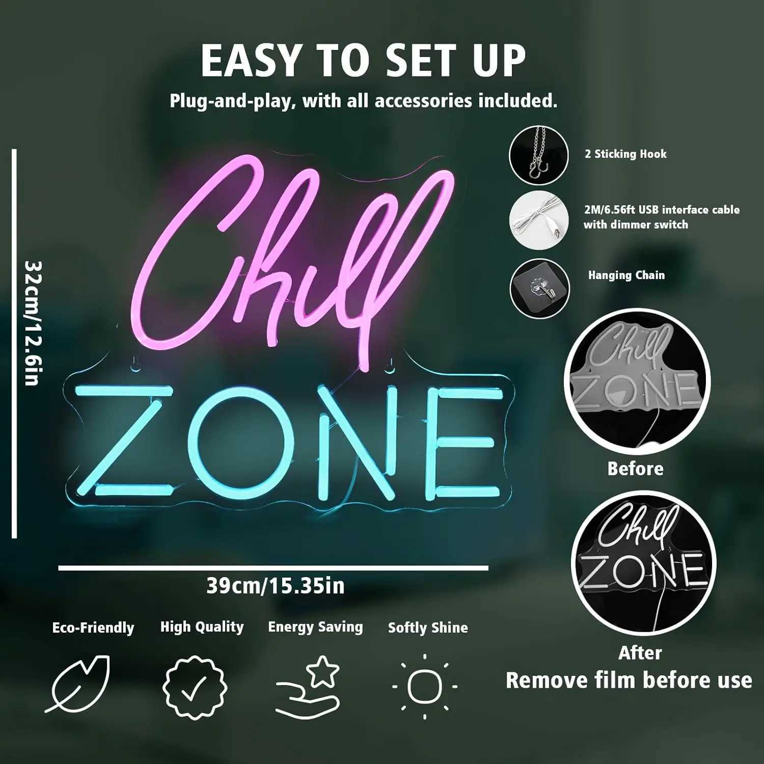 Chill Zone USB Powered LED Neon Sign Dimmable Neon Light Wall Decor for Room Decor Office Daily Party Birthday Gift Pub Man Cave W250526