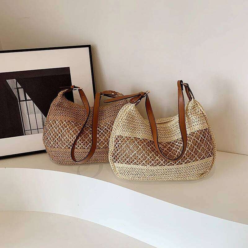Hot Selling Women Hollow Shoulder Large Capacity Straw Weaving Travel Handbag Adjustable Strap Shopper Tote Bag Designer Bags