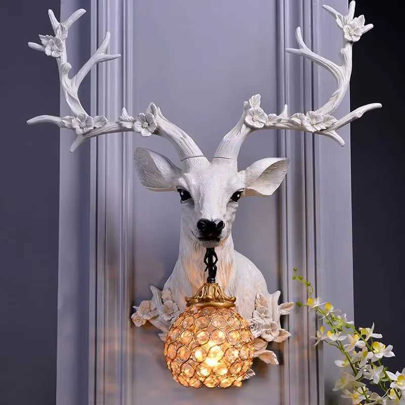 Creative Design Deer Head Wall Lamp Europe vintage rustic led wall light Luxury Living Room Bedroom Hallway wall decorationXJ250526