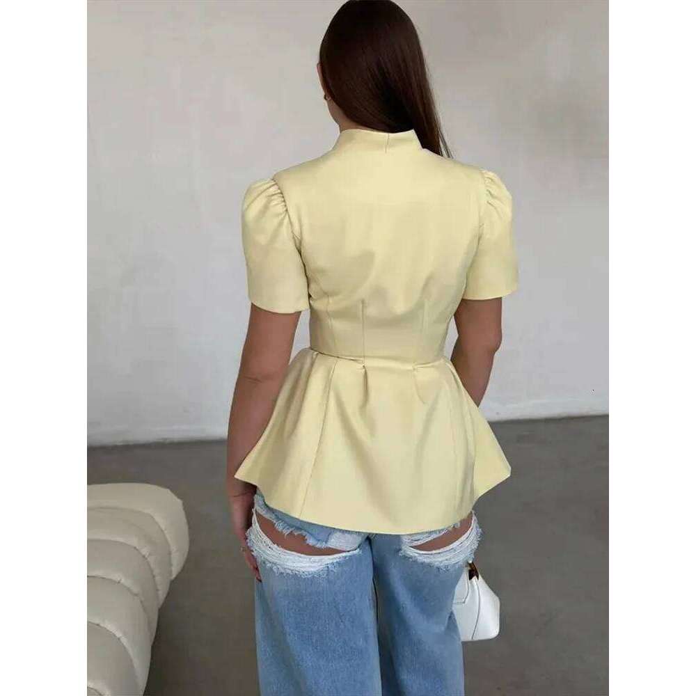 Elegant 3D Flower Women's Short Sleeve Top Coat Slim Stand Single-breasted Peplum Hem Jacket 2025 Summer New Commute Outerwear