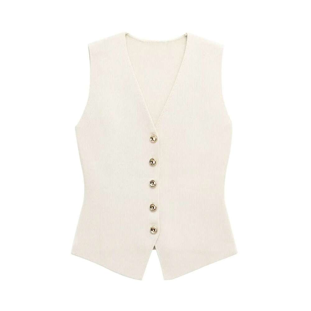 ZBZA Women's Knitted Vest Suit V-Neck Single-Breasted Cropped Top High Waist Zipper Midi Skirt Spring Summer New Chic Set