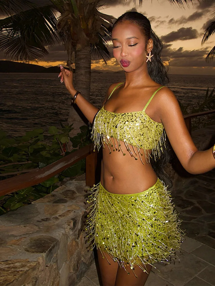 Unique Tassel Sequin Halter Tops Sparkling Waist Cinching Solid Color Mini Skirt Womens Casual Beach Women Glitter Suits 250523