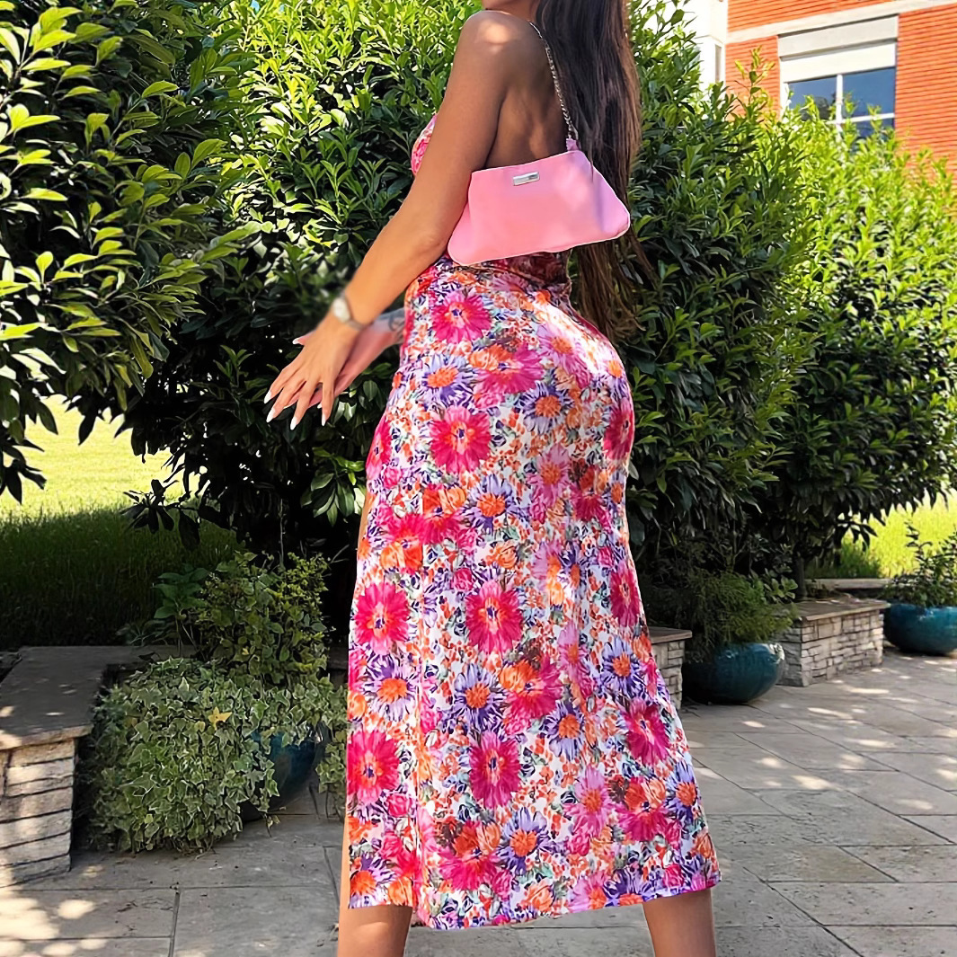 Wind womens clothing 2025 summer digital print V-neck suspender mid length split suspender dress