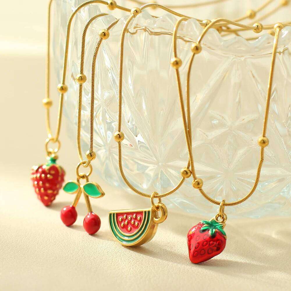 Summer Women's Stainless Steel Pendant Necklace Golden Chain Strawberry Watermelon Cherry Pendants Women Jewelry Sets Gift Trend