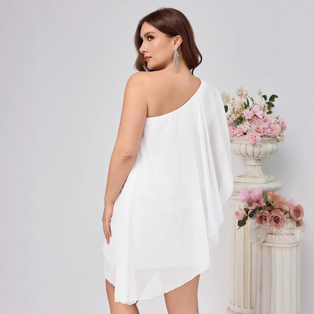 2025 Womens New Casual Fashion Style Solid Color Sexy Folded Sleeveless Slant Neck Single Shoulder Dress