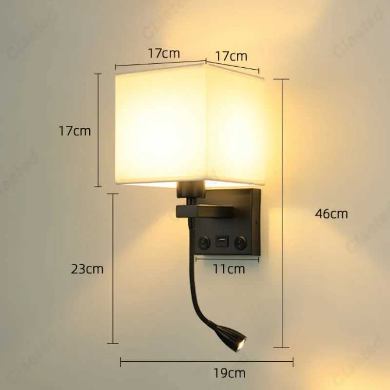 LED Fabric Lampshade E27 with Switch Wall Light USB Charging Port Adjustable Angle Spotlight Bedroom Bedside Reading LightXJ250526