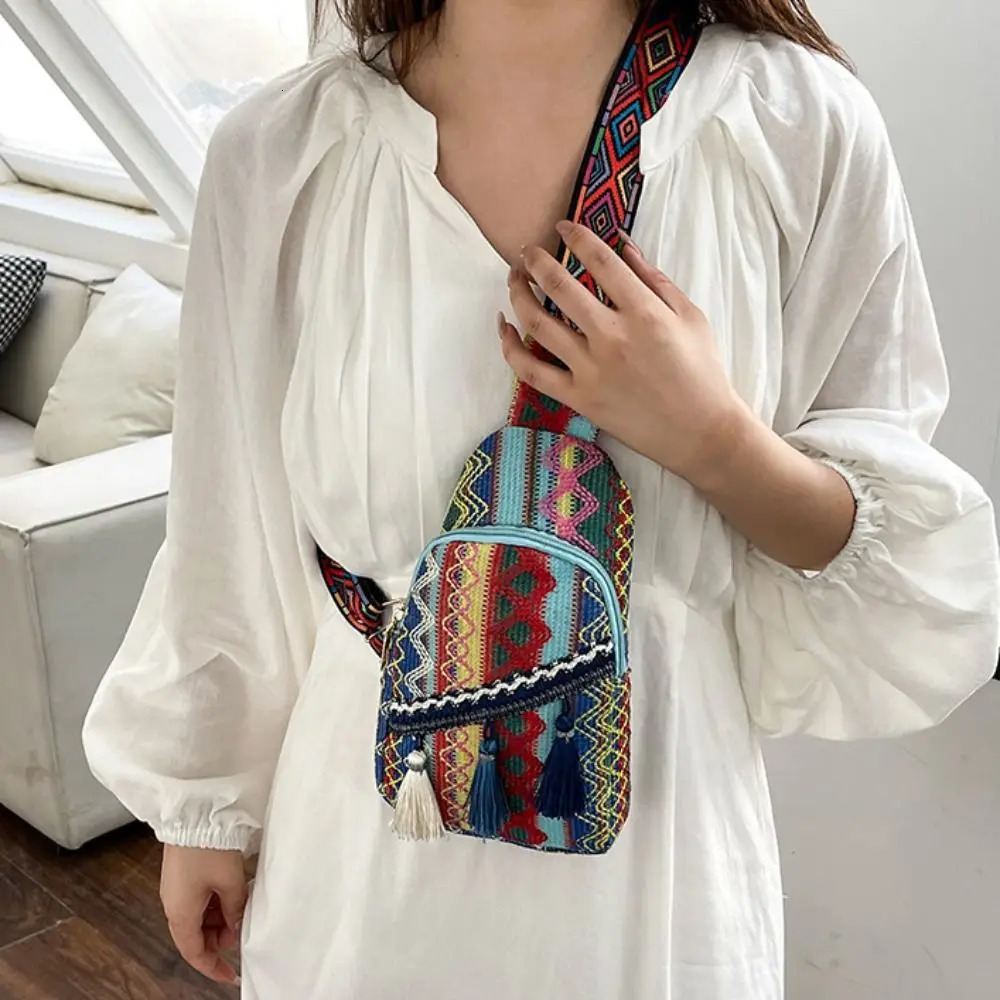 Embroidery Bohemian Shoulder Bag Colorful Korean Style Woven Bag Fringe Chest Bag Handbag Geometric Ethnic Style Crossbody Bag 250526