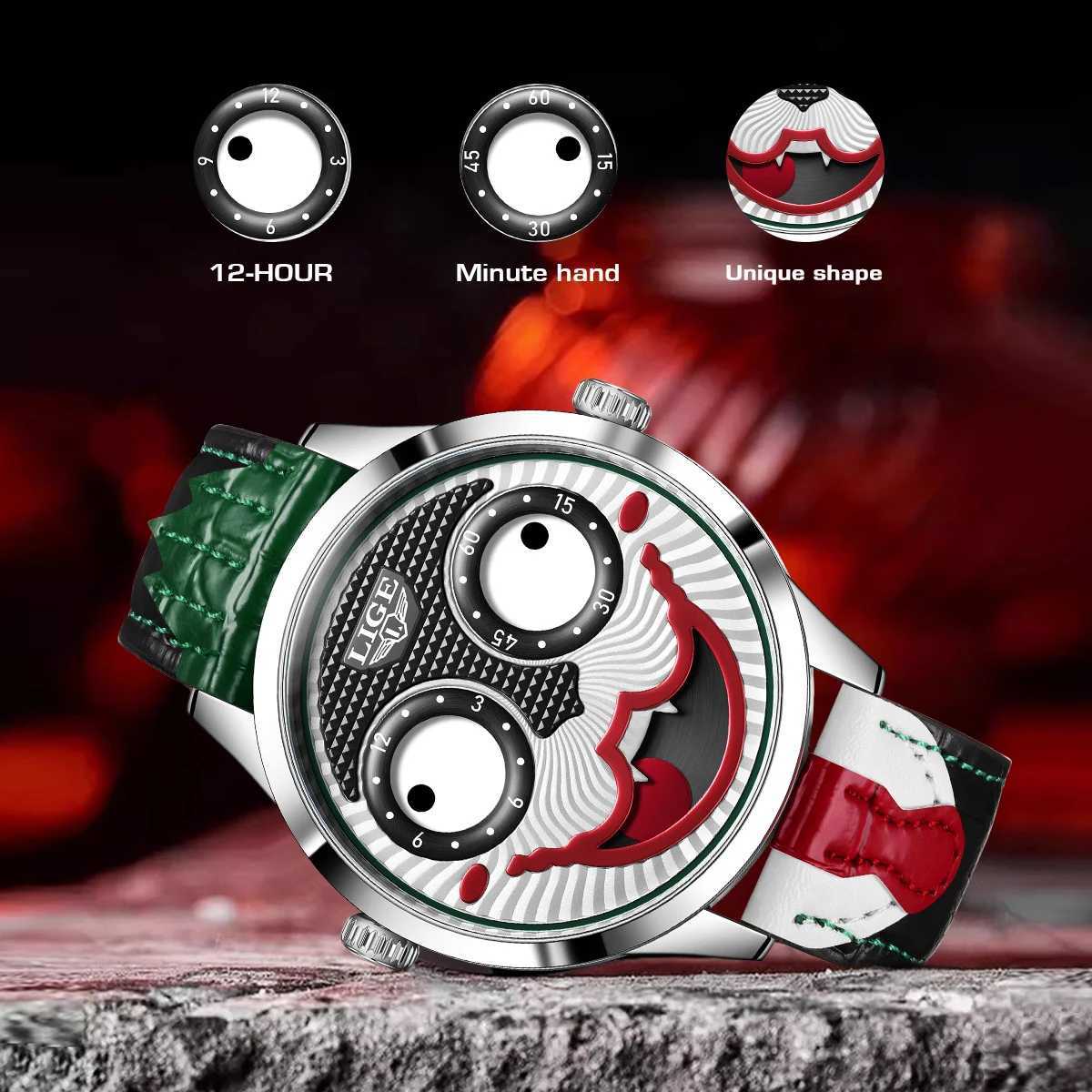 LIGE Cool Joker Watch Men Classic Mens Clown Watches Fashion Leather Strap Waterproof Quartz Wristwatches For Men Reloj Hombre M250526