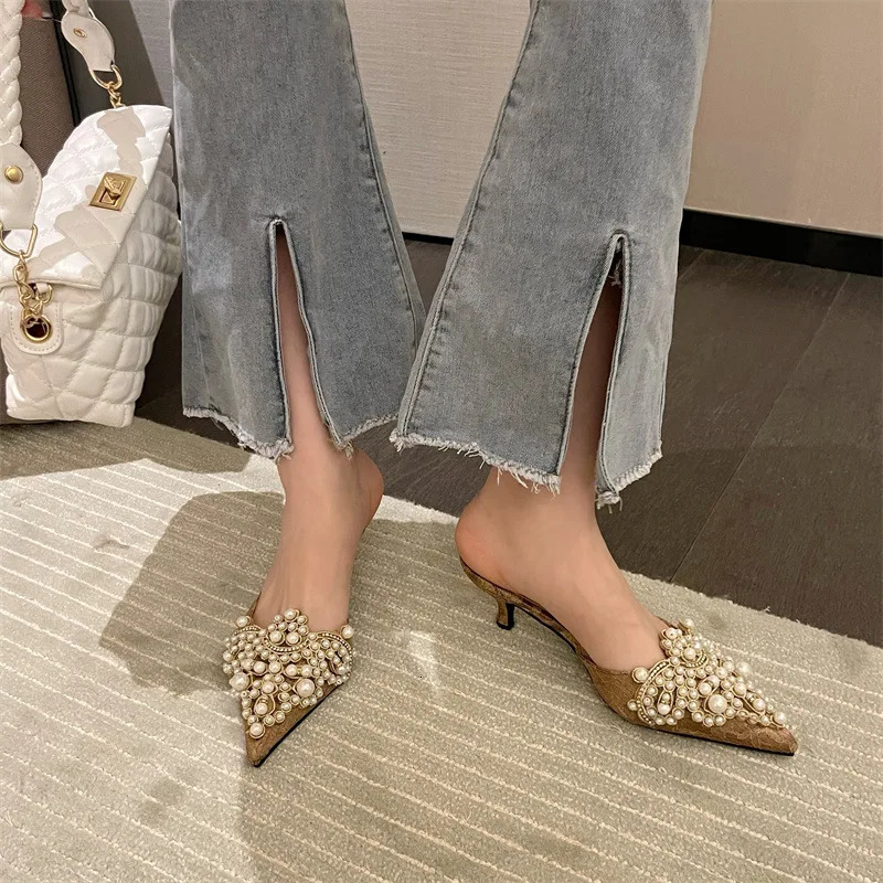 Large Pearl Women Shoe Autumn Lace Rhinestone Mid Heel Half Slipper Sandals Fashion Muller Shoes Casual Versatile Single Shoes 250526BJ - view 4