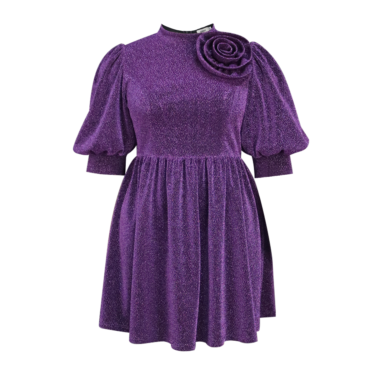 Womens Dress Party Evening Wear Purple 3D Flower Half Sleeves A-line Knee Length Plus Size Summer Autumn
