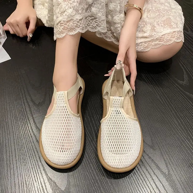 Rubber Round Toe Deep Mouth Mesh Single Shoes Low Top Flat Heel 250526