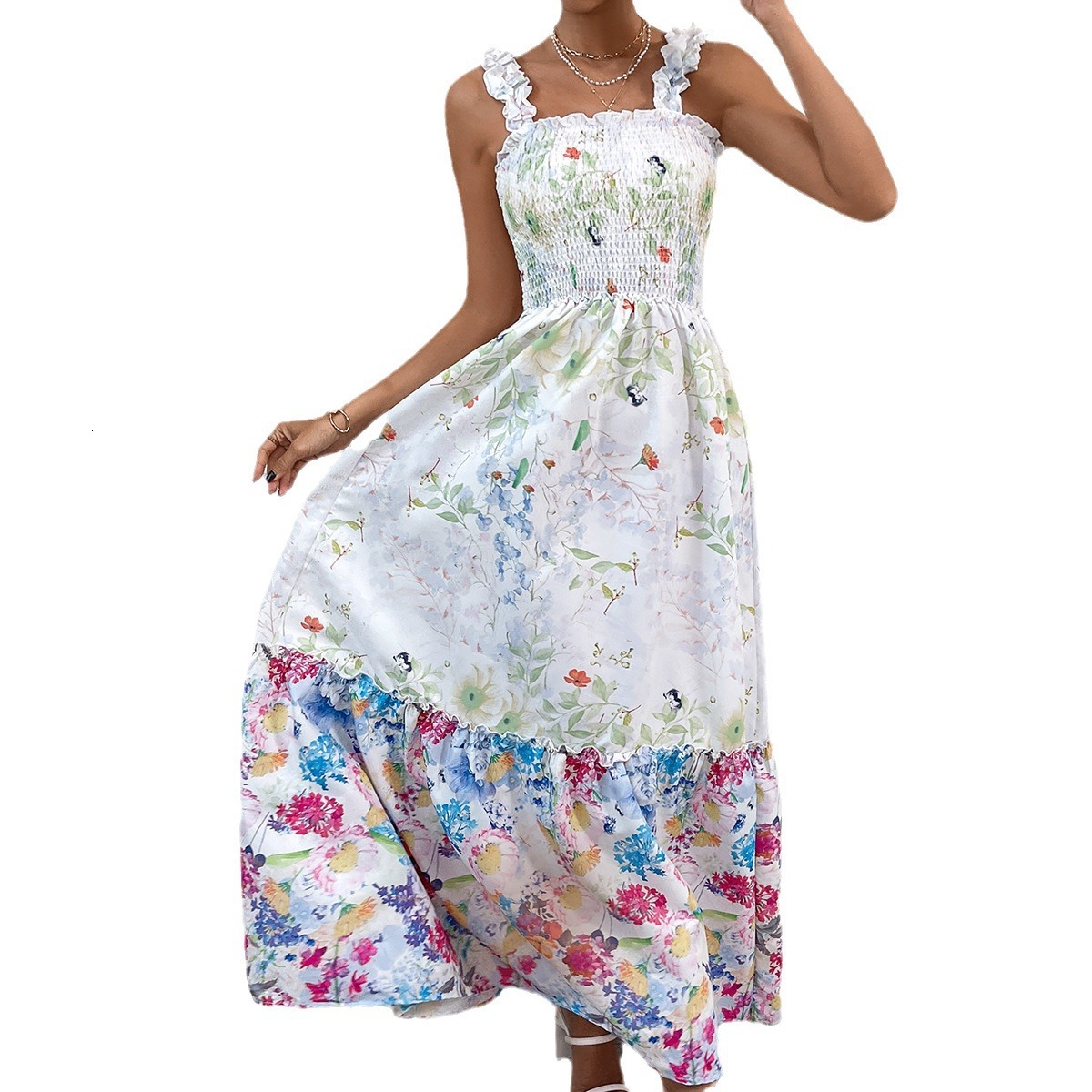 Specialized niche design style floral dress summer new item backless long dress
