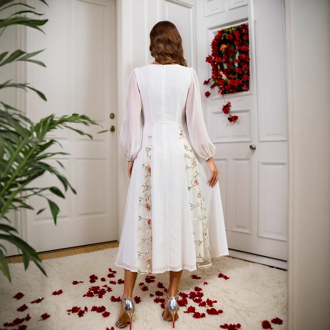 New white fluffy skirt versatile V-neck lantern sleeves mid length skirt banquet wedding bride gift party