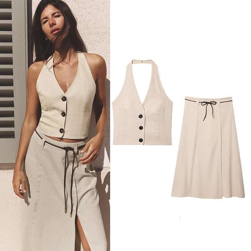 TRAF Womenskirt Belt 2 Backless V Neck Halter Tops With Button Long Skirts Two Piece Set Women Outfit