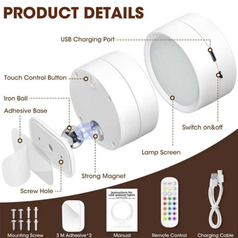LED Wall Mounted Lights with Remote 3 Color Temperatures 12 RGB Color Ambience Wall Sconces Rechargeable Magnetic Wall LightsXJ250526