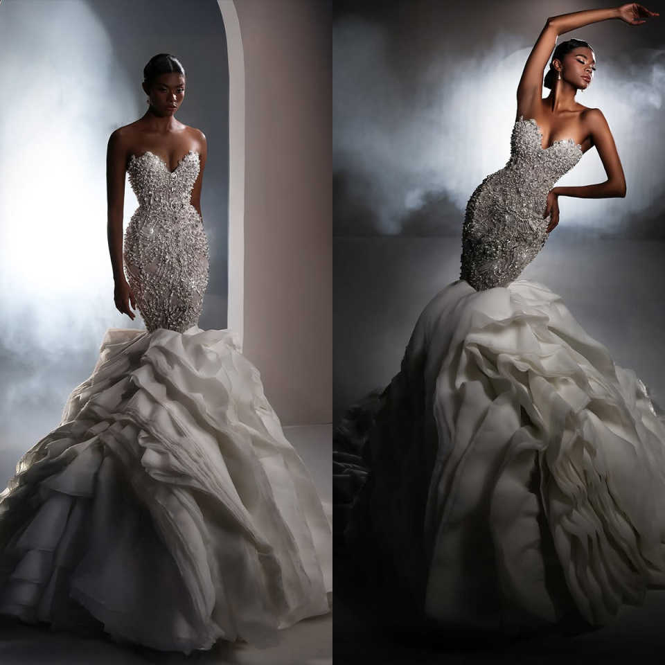 Luxurious Beaded Mermaid Wedding Dresses Arabic Sexy Strapless Crystal Beading Bridal Gowns Tiered Ruffles Customized