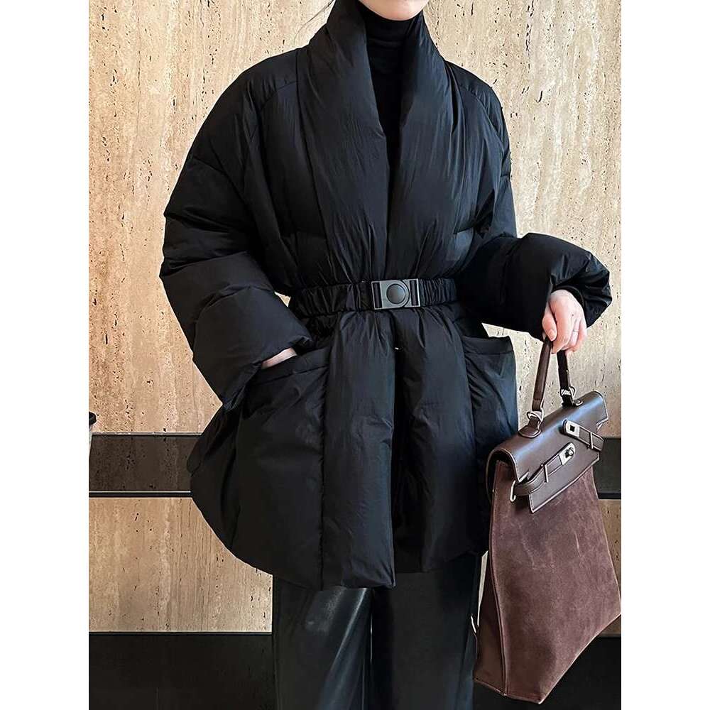 LANMREM V-Neck Waist Wrapped Down Coat Female Long Sleeves Solid Color Belt Warm Fashion Streetwear Coats 2024 Winter 2Da8029