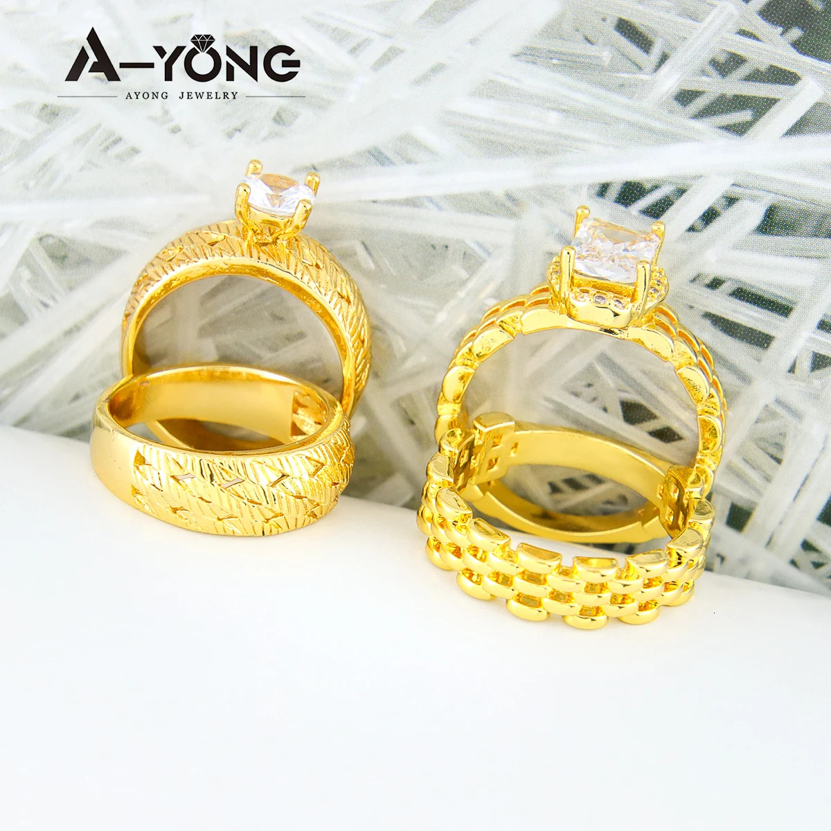 Gold Color Wedding Couples Rings 18k Copper Gold Plated Unique Personality Dubai Arab Women Mens Vintage Jewelry Gifts 250519