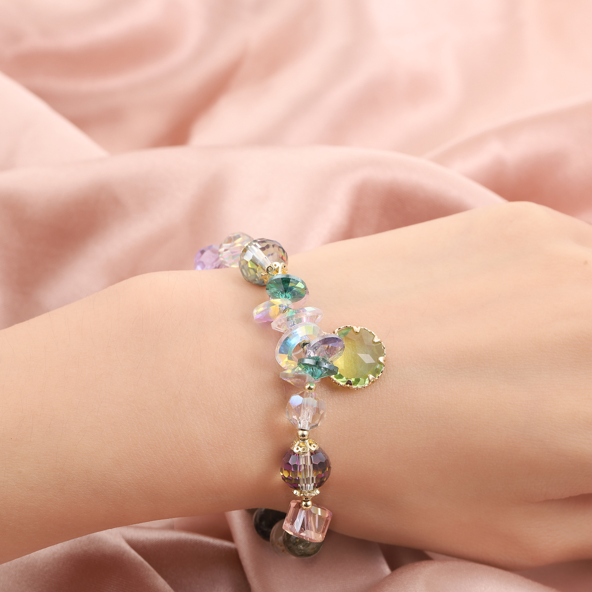 elastic adjustable women's cool style electroplated colorful crystal tourmaline pendant decorative temperament bracelet
