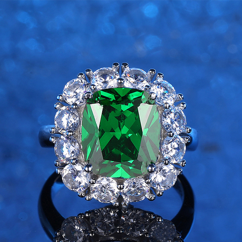 Vintage Emerald Cut Green Halo Ring for Women, 925 Sterling Silver Simulated Diamond Statement Jewelry for Party or Engagement Gift