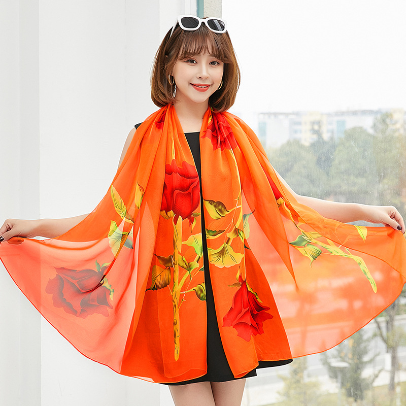 K832 Silk scarf printed chiffon beach sun protection shawl large size simulation neck scarf seaside sunshade scarf ribbon