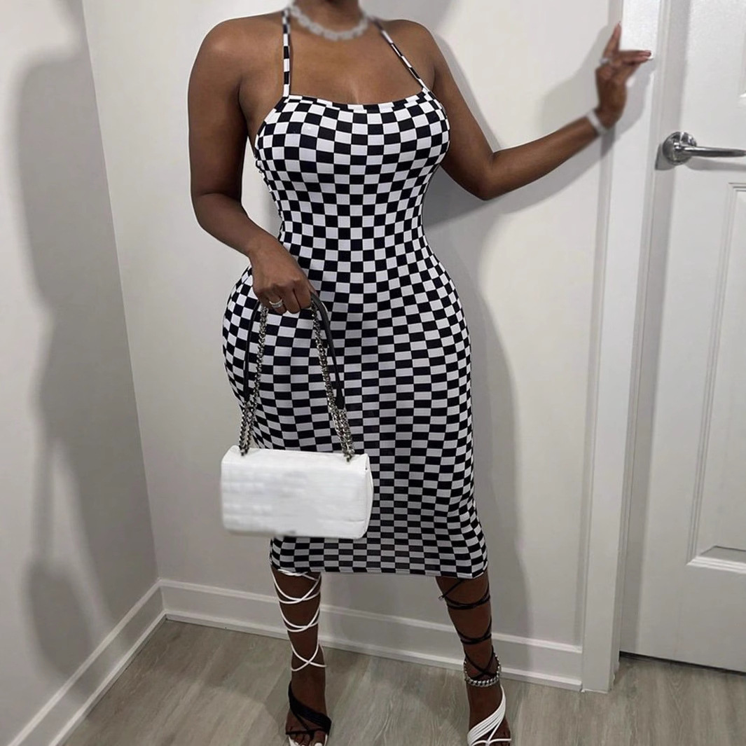 New Sleeveless Hanging Neck Dress Sexy Slim Fit Wrapped Hip Skirt Printed Mid skirt