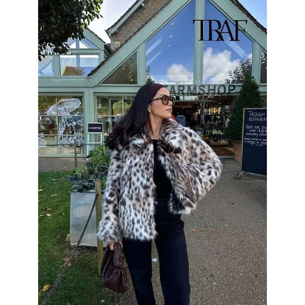 TRAF Women's Fashion Retro Leopard Long Winter Warm Lapel Coat Fluffy Faux Fox Fur Thickened Jacket