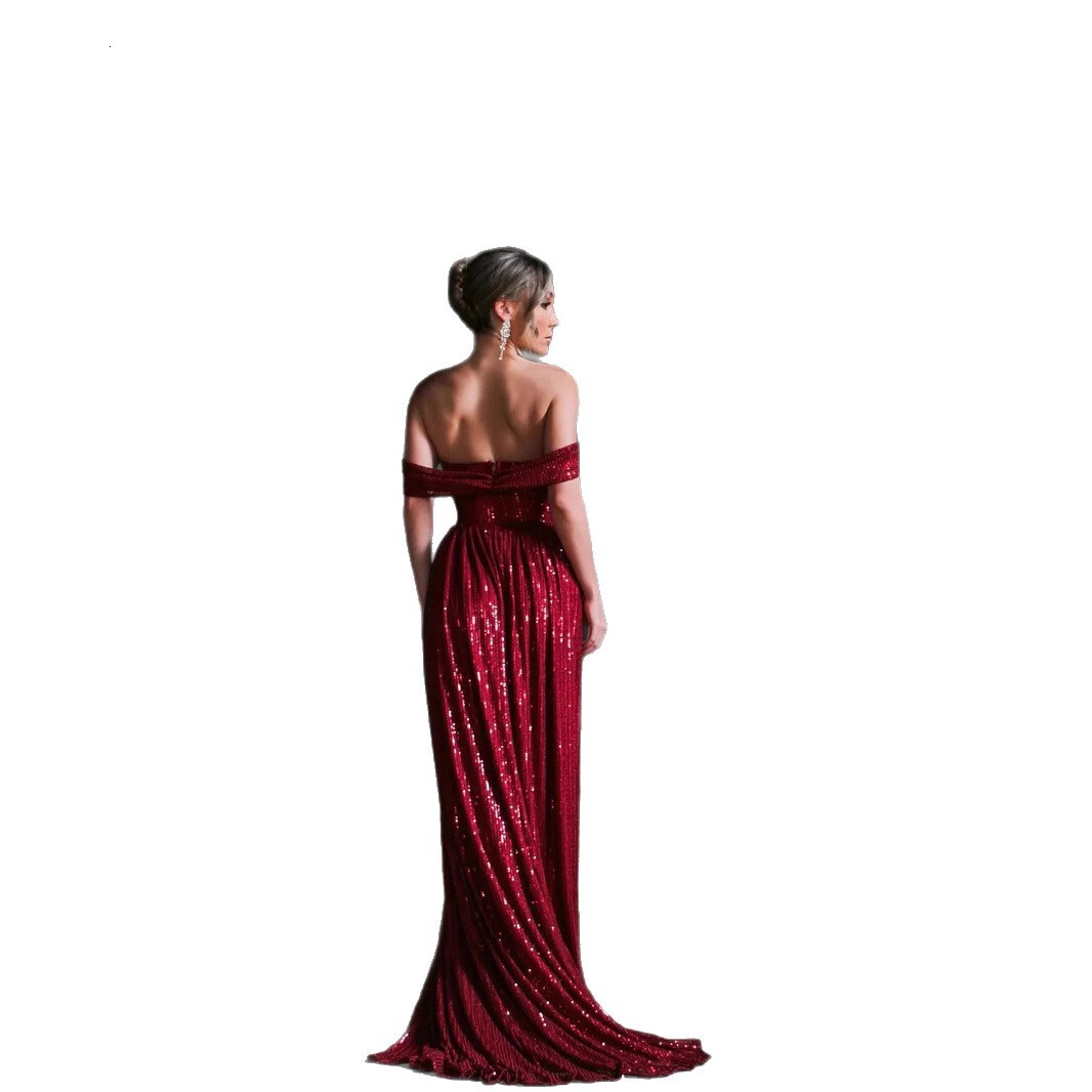Evening gown socialite party sexy high opening sequins banquet dress nightclub sequins new off the shoulder design