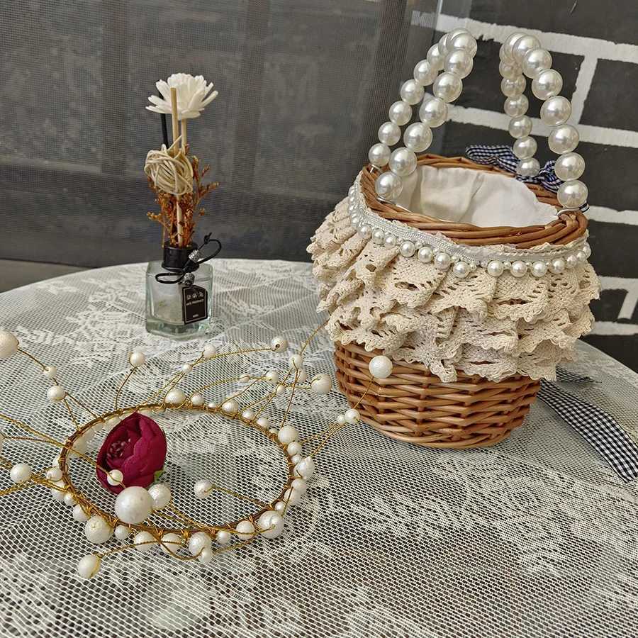 Summer Wicker Woven Basket Bags Pearl Hand Rattan Women Handbags Handmade Lace Beach Straw Tote Bag Travel Designer Shoulder Bag W250524