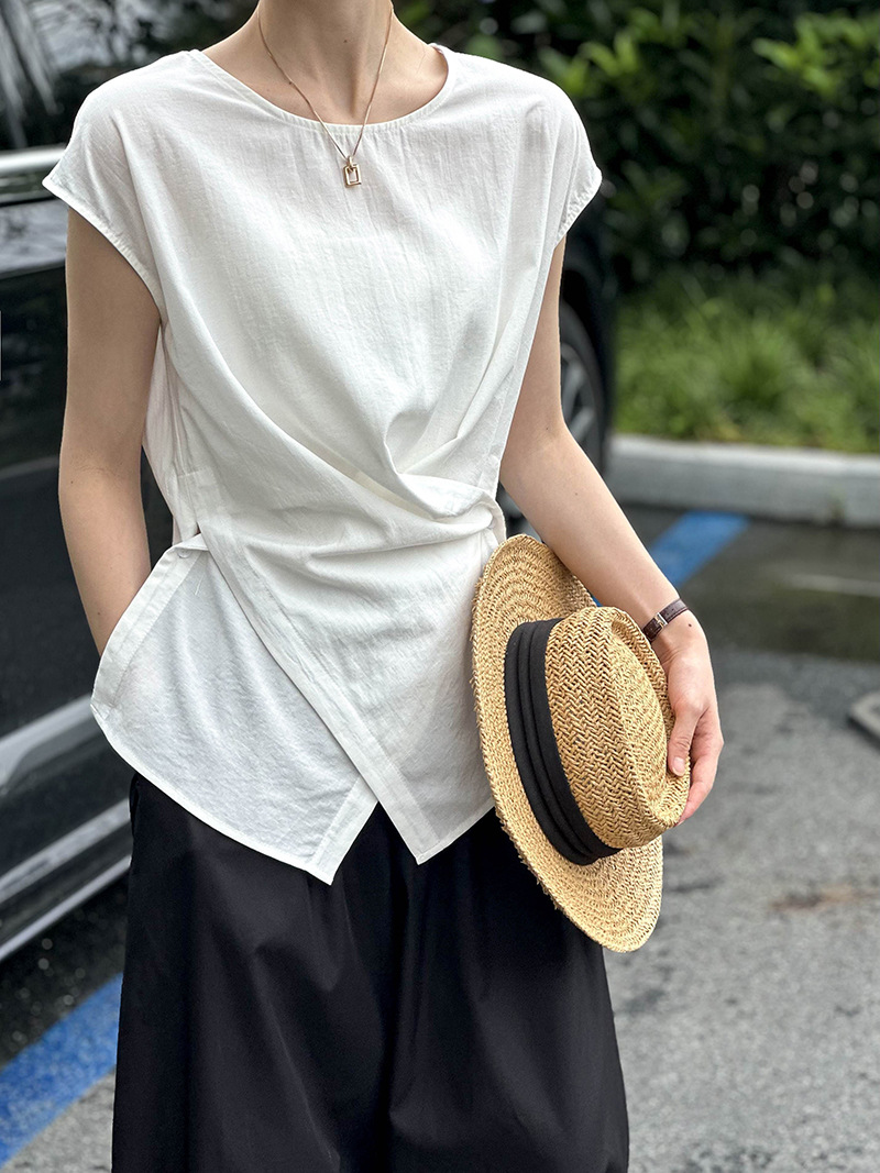 KC55 Summer Tops Casual Chic Irregular Short Sleeve Cross Vest Linen Shirt