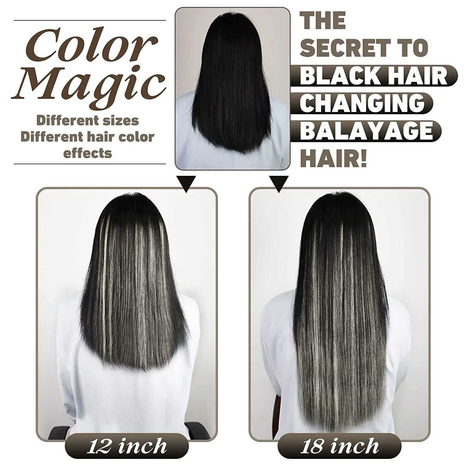 Full Shine Clip In Hair Extensions Black Balayage Silver 18Inch 7Pcs Real Human Hair Natural Hair Double Weft Straight 120G S25526