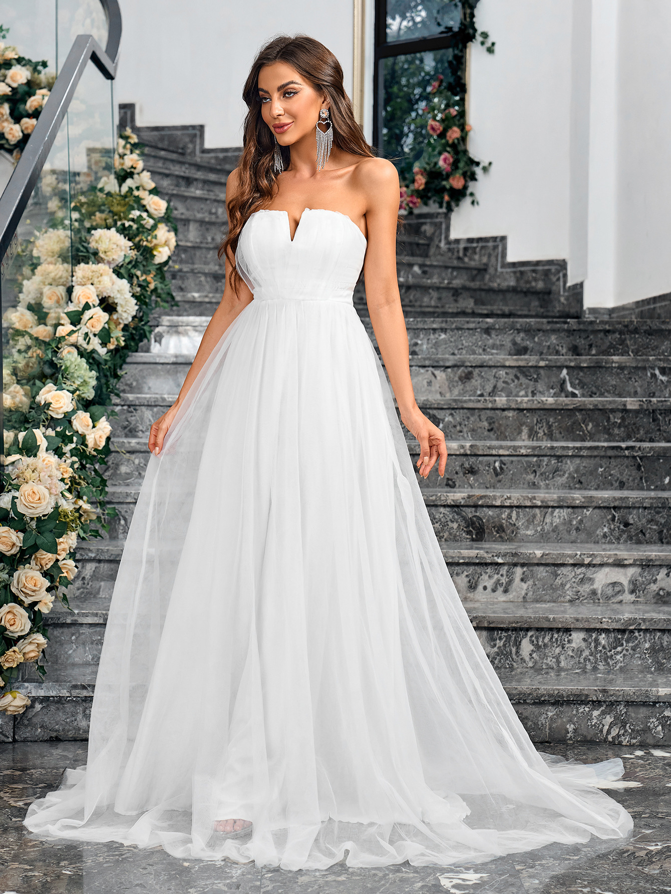 Solid color elegant wedding dress summer new womens mesh dress