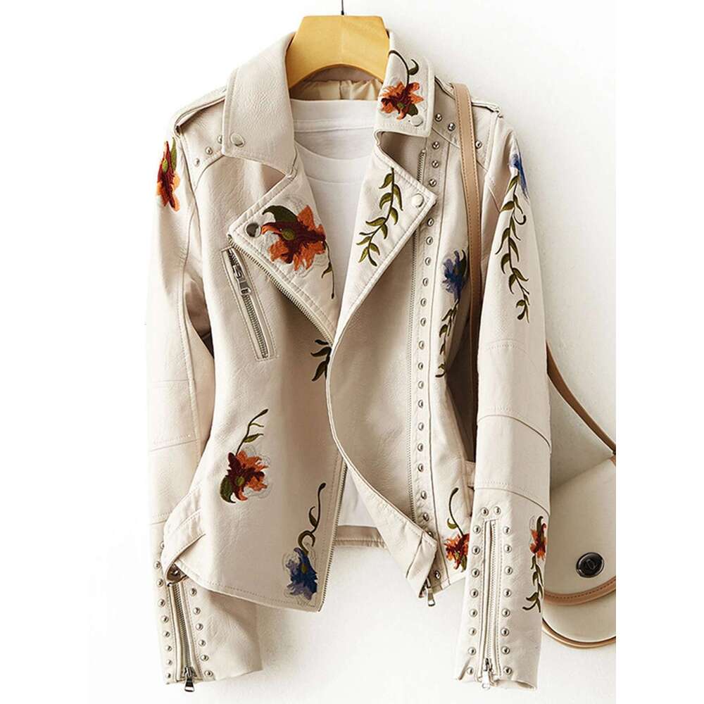 Women Rivet Floral Embroidery Coat Lady Moto Biker Black Punk Jacket Faux PU Leather Outerwear